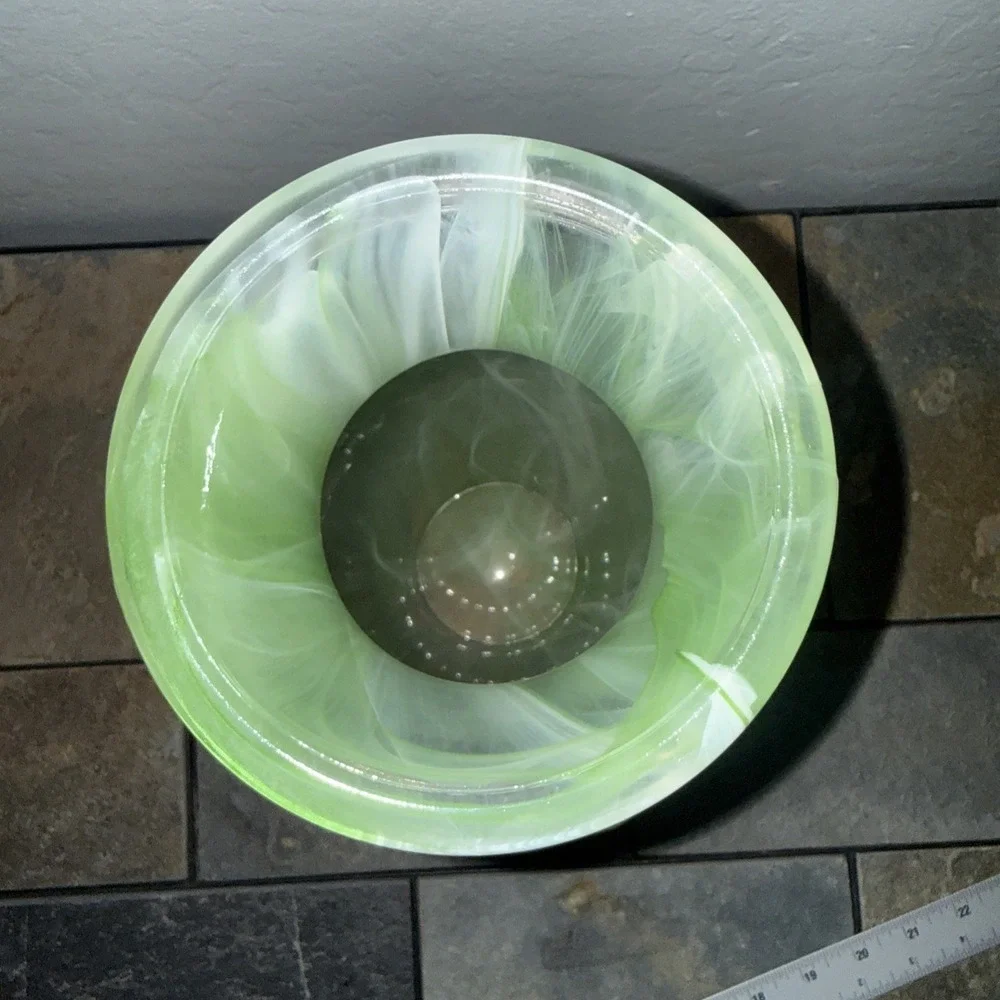 Opaque Light Green Flower Panel Glass Vase Marbled Style White Swirl  12in High
